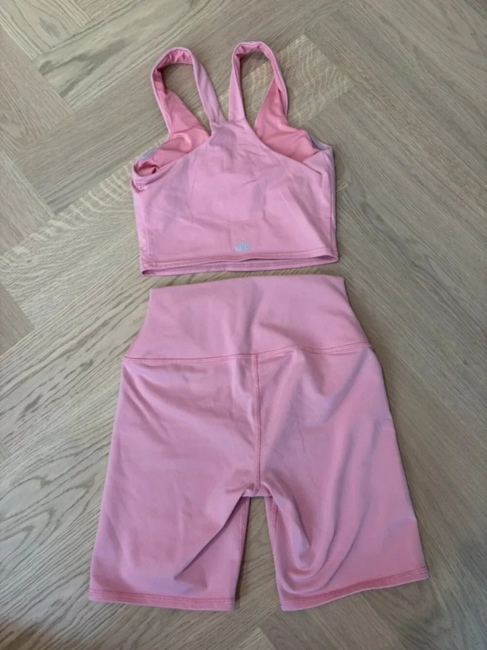 Alo Yoga Airlift High-Waist Biker Shorts & Longline Sports Bra Set Pink